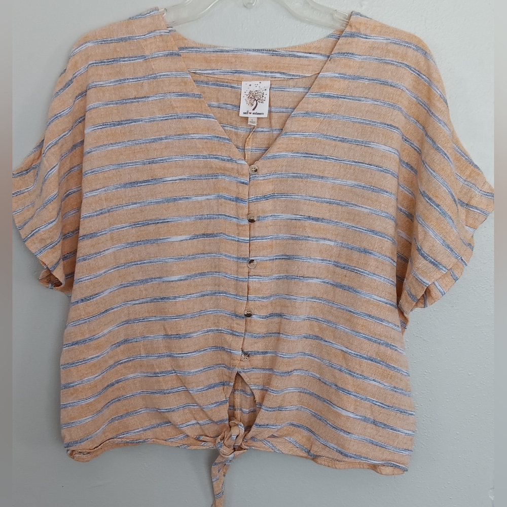 Self Esteem Orange and Silver Cuffed Sleeve Blouse Tie Front Elastic Back Sz M